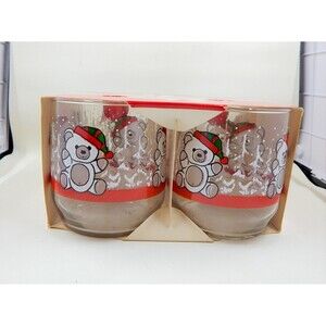 Vintage Libbey Holiday Drinking Rocks Glasses 12 oz Christmas Teddy Bear NOS